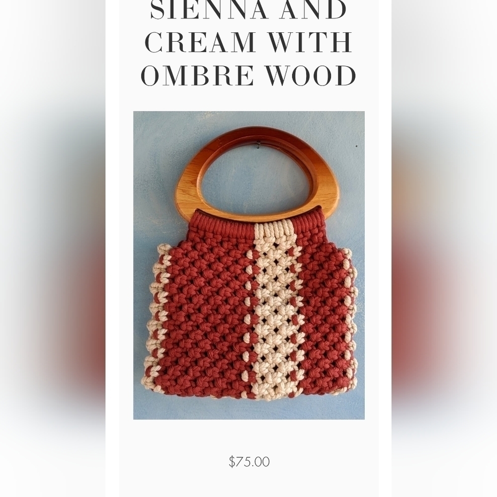 Vintage Crochet SIENNA AND‎ CREAM WITH OMBRE WOOD handle Chunky Knit handbag
